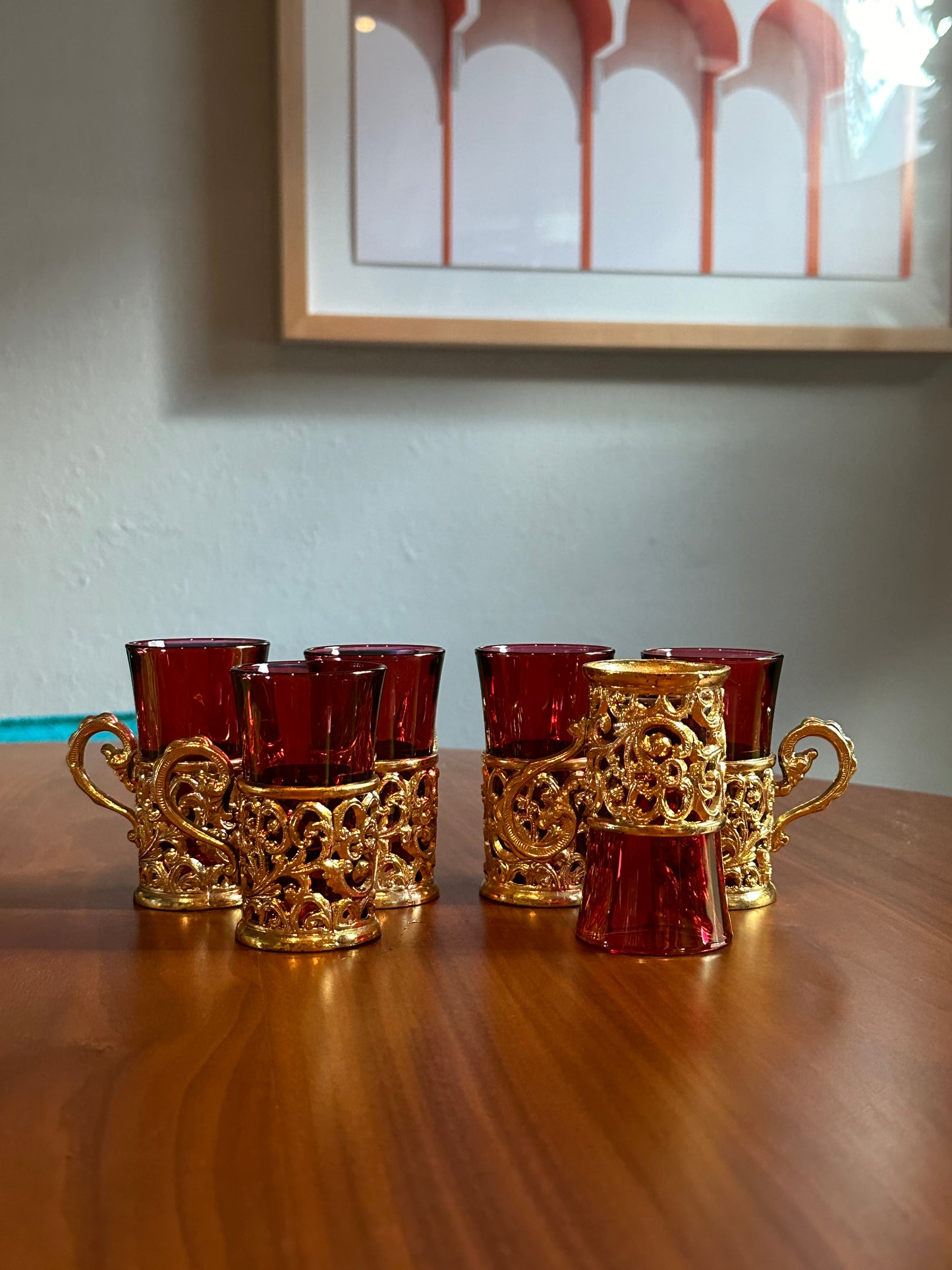 Soviet Ruby Red and Gold Filigree Tea Glass