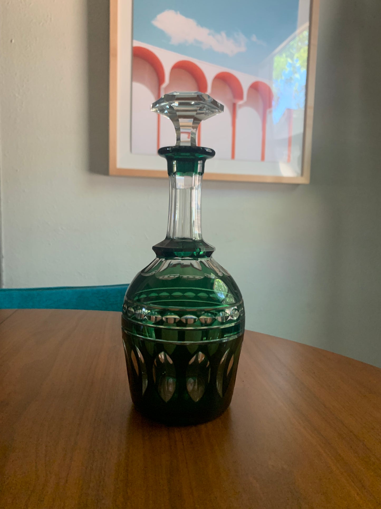 Emerald Green Cut Glass Decanter and Glasses