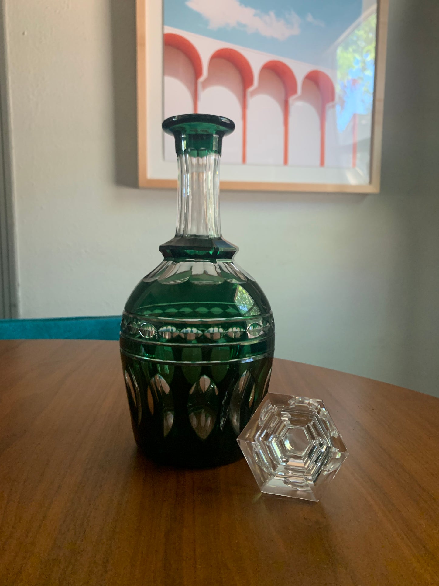 Emerald Green Cut Glass Decanter and Glasses