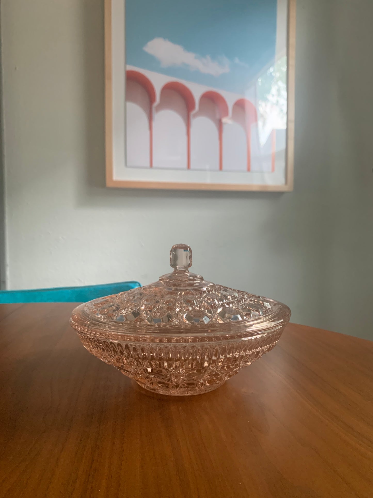 Federal Glass Button and Cane Pink Candy Dish