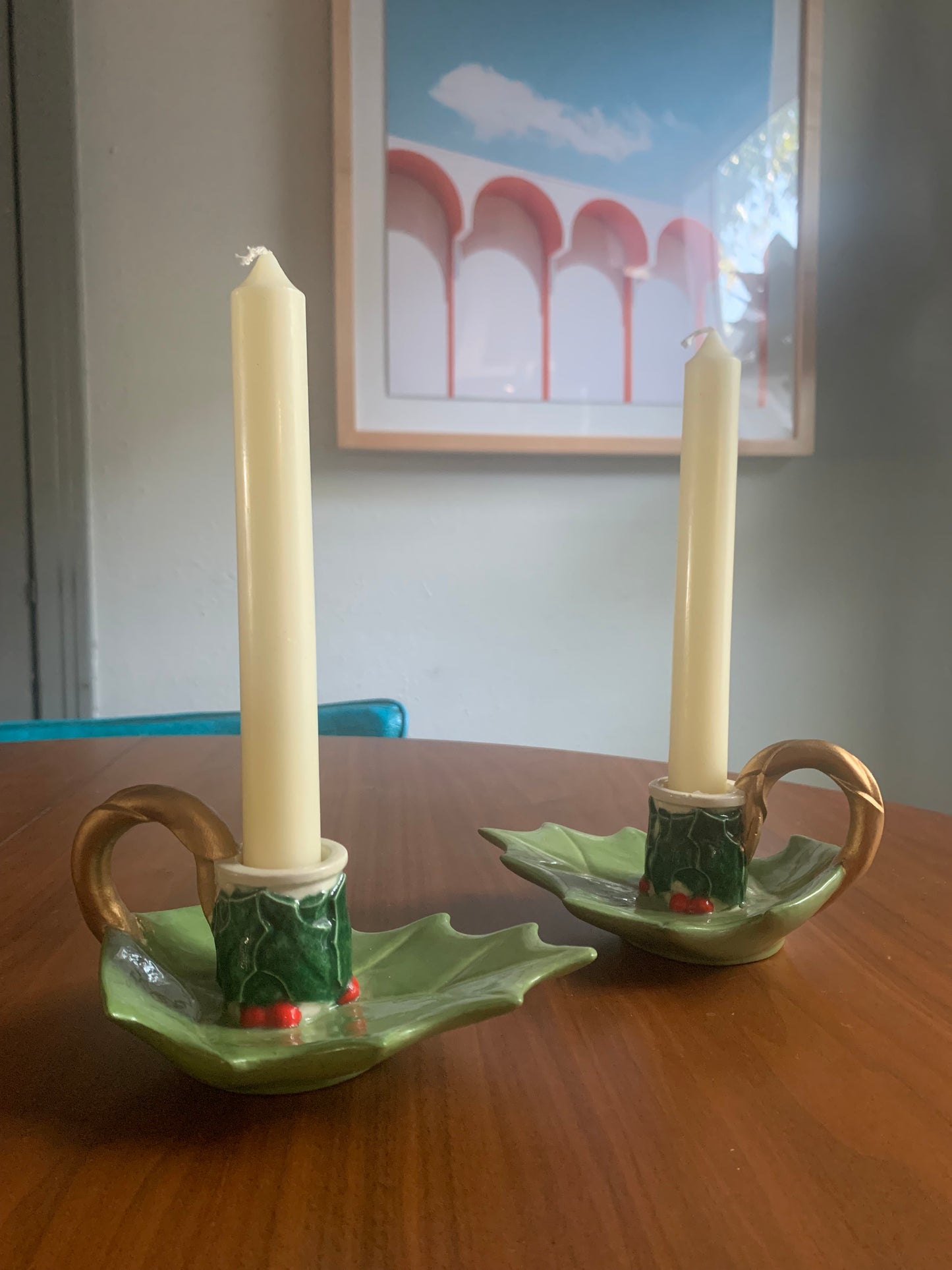 Ceramic Holly Leaf Candlesticks